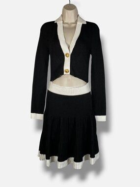 Balmain Women's Black Rib-Knit Two-Tone V-Neck Long Sleeve Dress Size 36